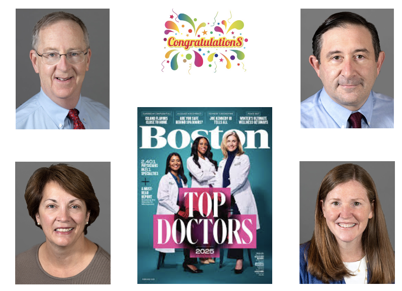 four headshots of doctors and a magazine cover